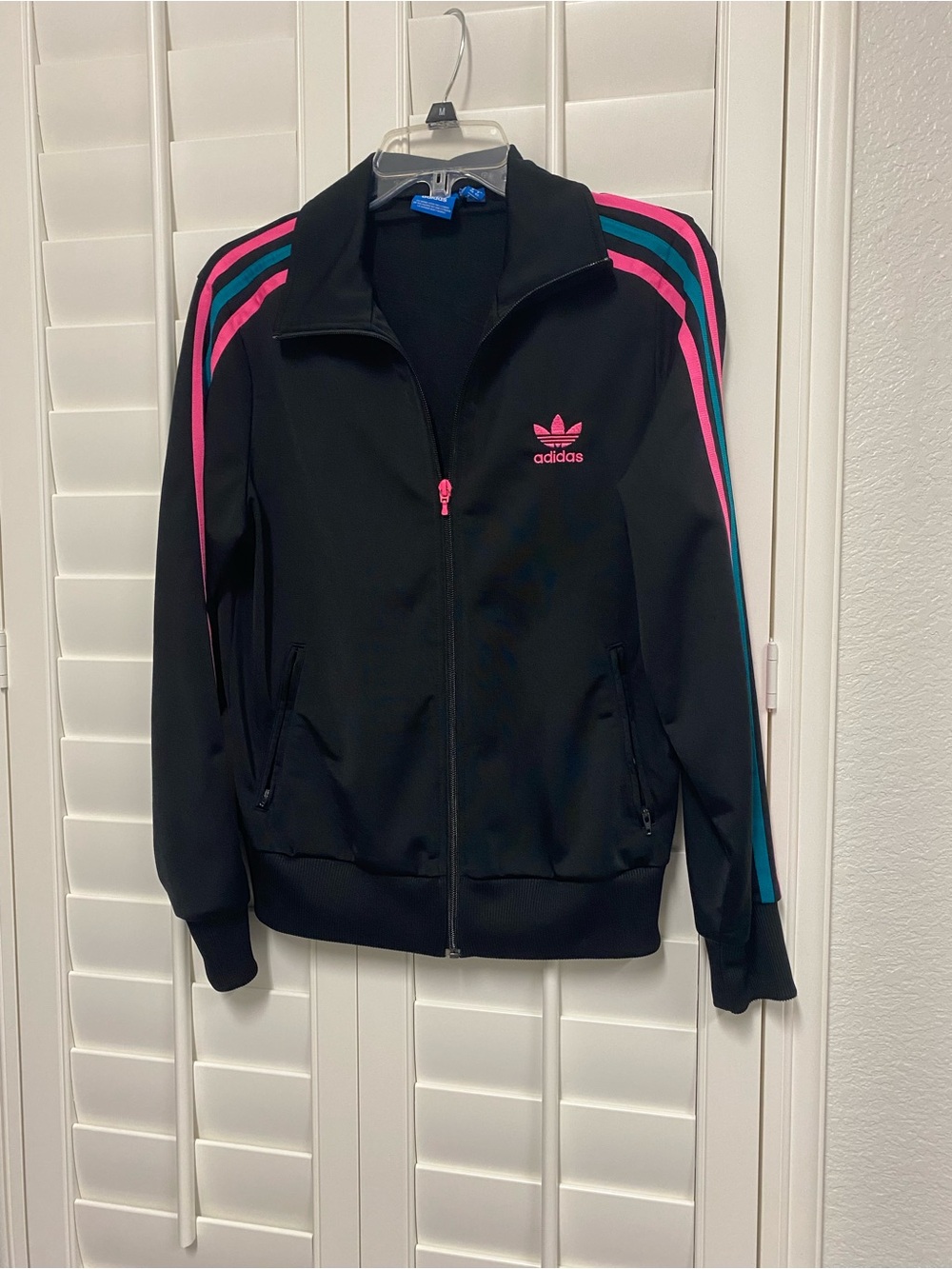 adidas Firebird Black Track Jacket with Pink & Teal Stripes